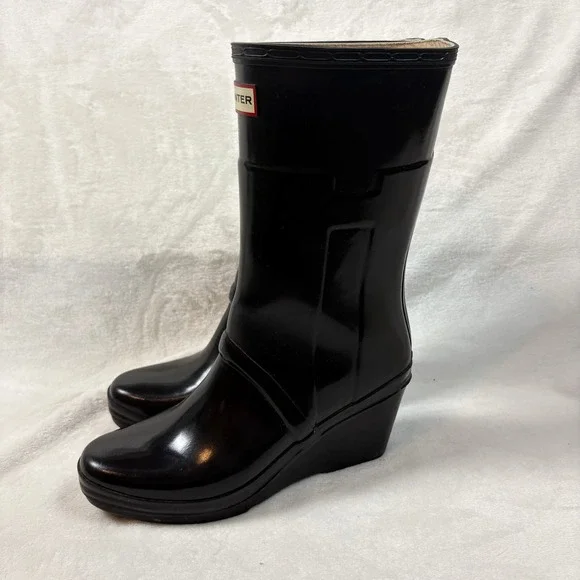 Hunter Kellan Mid Wedge Rain Boots Womens 10 Black Good Glossy Waterproof