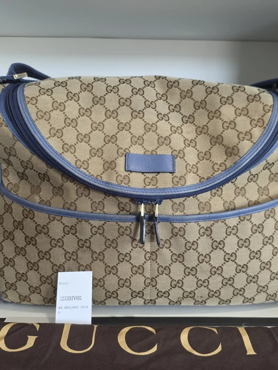 Gucci Beige GG Supreme Canvas Shoulder/Baby/Diaper Bag with Blue Trim