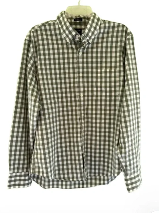 J. Crew Untucked Slim Fit Performance Men’s Green Check Button-Down Shirt, Large
