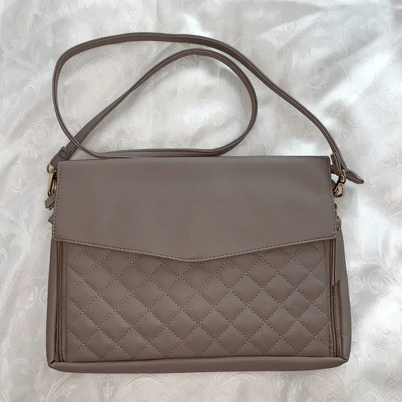 Crossbody purse with both baby changing pad & place for baby wipes, in Taupe/tan