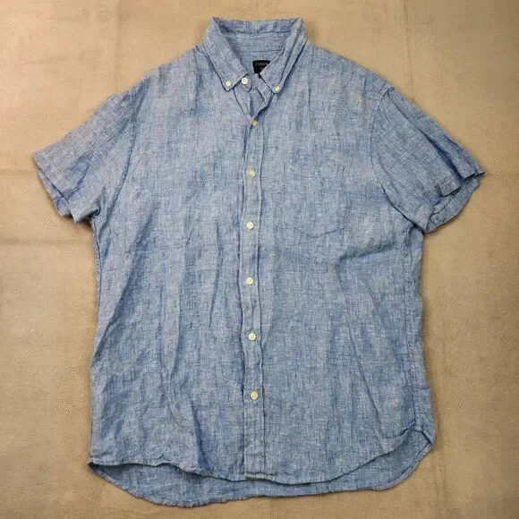 J. Crew 100%‎ Linen Shirt Men's Size Large Blue Short Sleeve Button Down Pocket