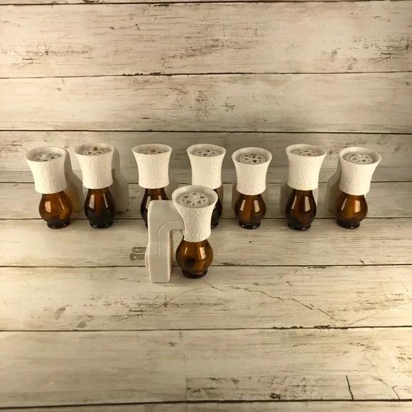 8 Scentsy Wall Plug-In Fragrance Warmers White Floral Embossed Amber Glass Set