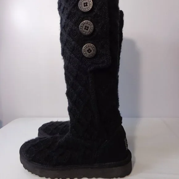 UGG Sweater Boots Black Lattice Cardy Cable-Knit‎ Pull On Mid Calf  Women's Sz 6