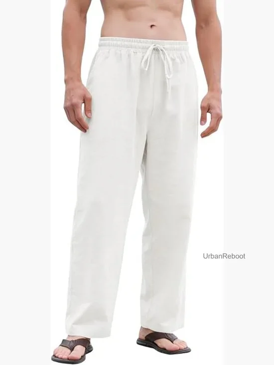 Men's Cotton Linen Pants Relaxed Fit Drawstring Waist Summer Casual Trousers