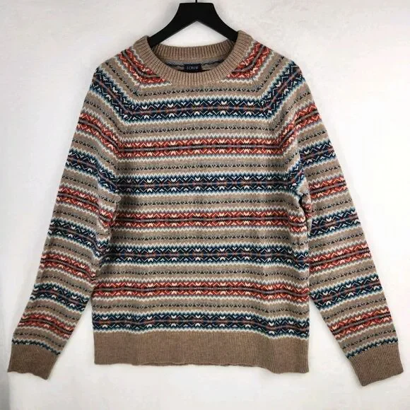 J. Crew Lambs Wool Blend Sweater Men's Large Fair Isle Crewneck Preppy Classic