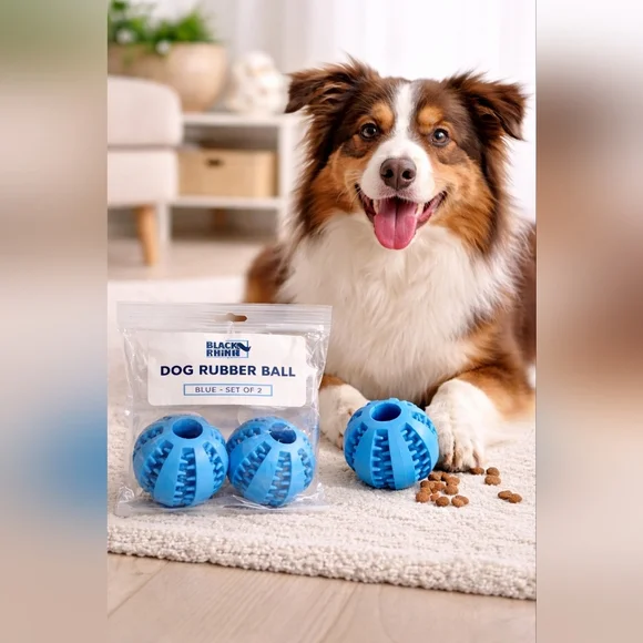 Black Rhino Dog Rubber Ball Toy Set of 2 Blue Durable Chew Treat‎ Dispensing