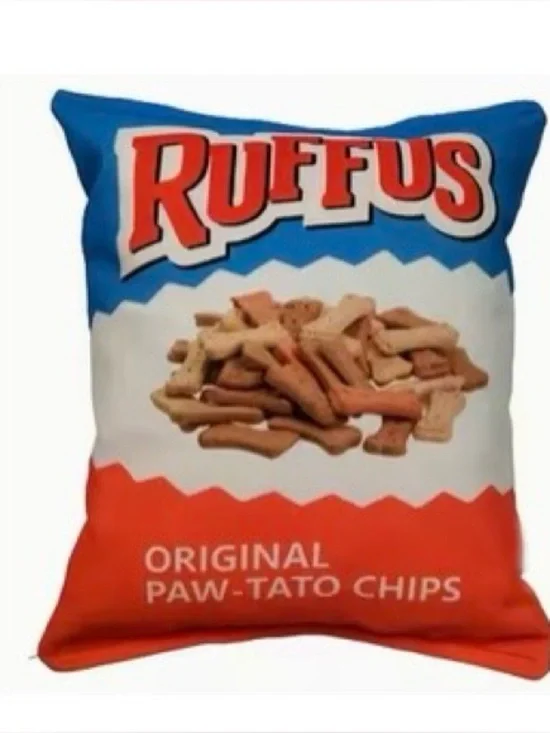 Dog toy with squeaker. “Ruffus paw-tato chips” cute snack bag toy.