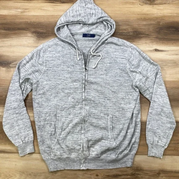 J. Crew Zip Up Hoodie Mens Large Minimalist 100% Cotton Marled Knit Grey Classic