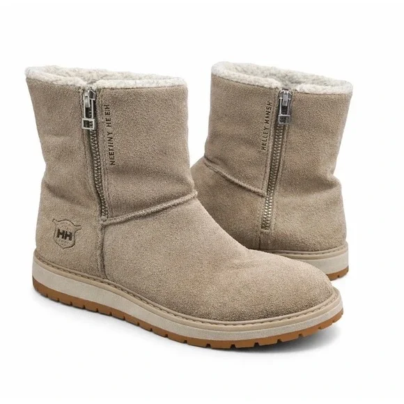 Helly Hansen Shearling Suede‎ Ankle Boots Women's 7.5 Taupe Winter Zip Lined