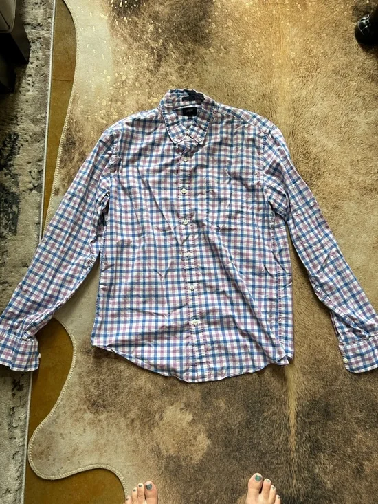 J. Crew Pink, Blue and White Plaid Button-Down Shirt