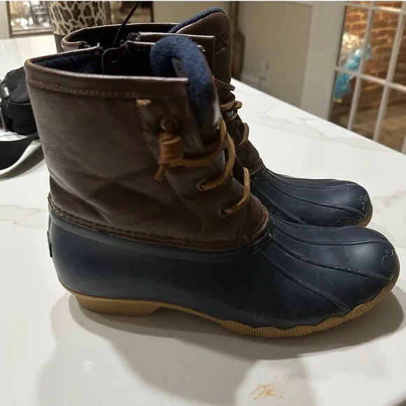 Sperry Top Sider Duck Boots Brown Leather‎ Navy Rubber Lace Up Women 5M