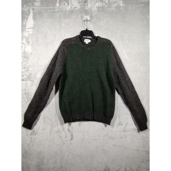 J.Crew Mens XL Wool V-Neck Sweater Green Grey Colorblock Textured Knit Pullover