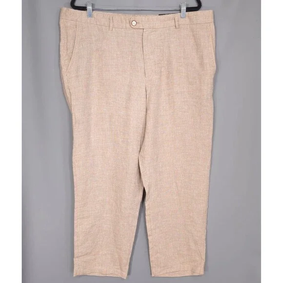 Tasso Elba‎ 100% Linen Pants Khaki 38W 30L Casual Dress Flat Front Lightweight