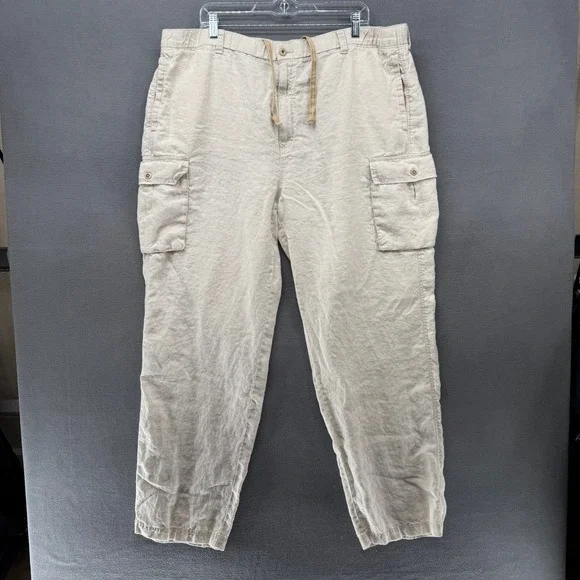 Tommy Bahama Cargo Pants Relax Mens XXL Beige 100% Linen Drawstring Waist Sand