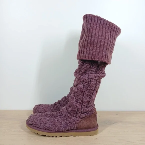 UGG Boots Women 6 Purple Cable Knit Over The Knee Cozy Winter Slip On Flat
