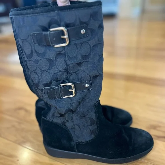 Coach Black Signature Patterned Suede Winter Lined Boots