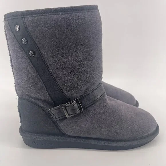 Bearpaw Gray Suede Mid-Calf ‎ Boots with Buckle Detail and Decorative Buttons