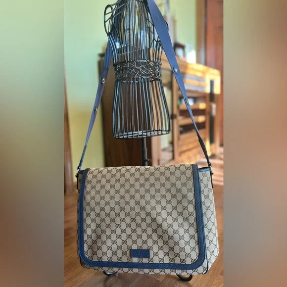 Gucci GG Canvas Messenger Diaper Bag - Blue Trim