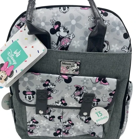 Disney Baby Minnie Mouse Diaper Bag Backpack Grey 13 Pockets Stroller Loops NWT