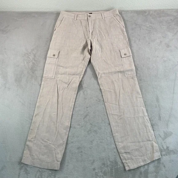 HUGO BOSS Bendo D Cargo Pants Men 34x35 (Tag 32) Beige 100% Linen Designer NWOT