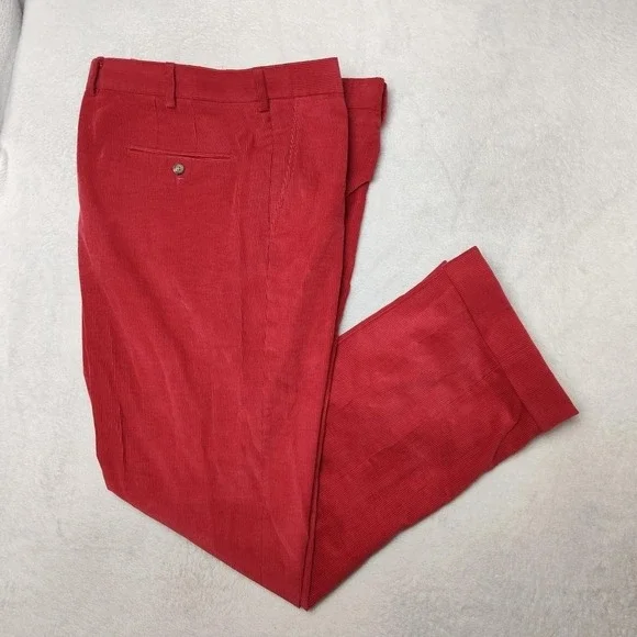 Paul Stuart Pants Mens 40x32 Red Corduroy Flat Cuffed Classic Dress Slacks USA