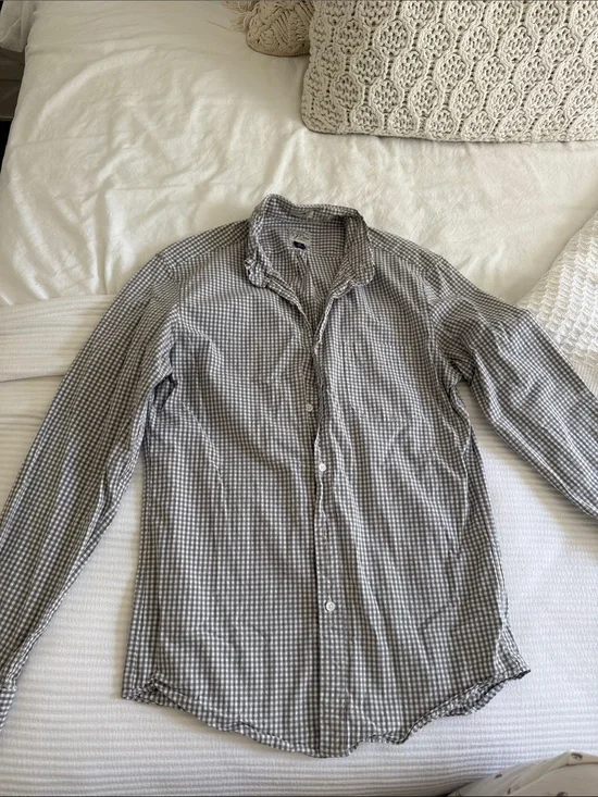 J. Crew Men's Gray and White Checked Button-Down Shirt