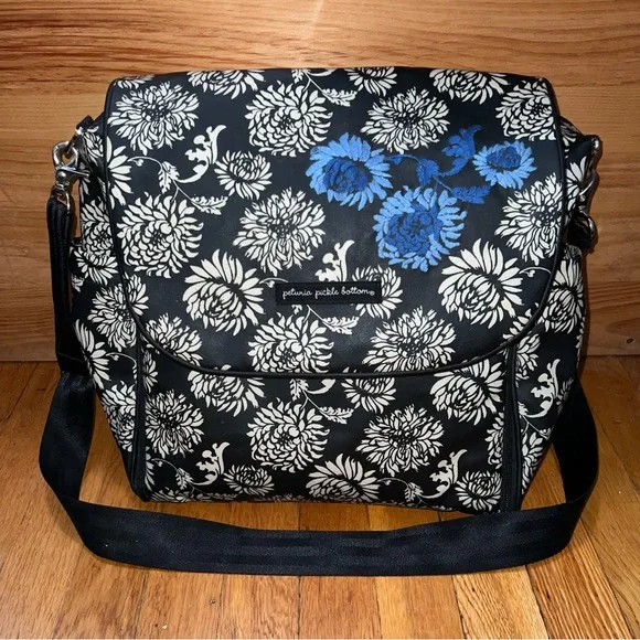 petunia pickle bottom diaper bag backpack. Black with white flower design. EUC