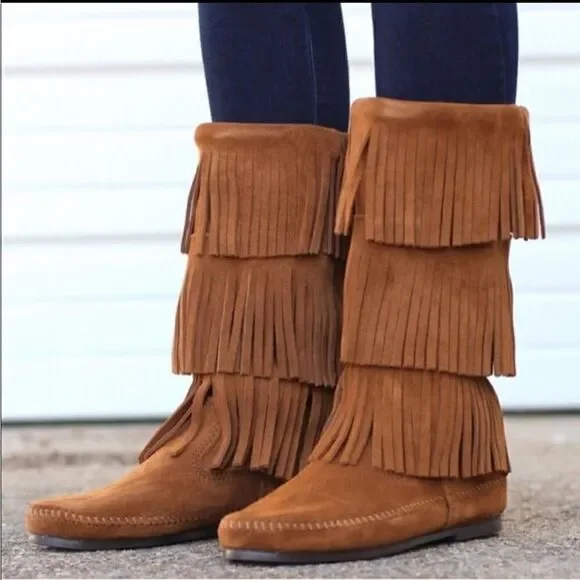 Minnetonka 1638 Calf Hi 3-Layer Fringe Brown Boots size 6