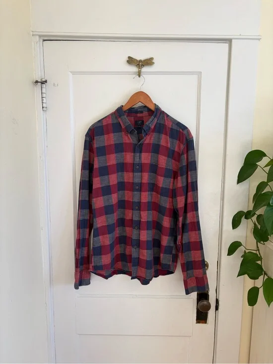 J. Crew Men’s Red and Blue Plaid Check Homespun Collard Shirt Size XL Slim Fit