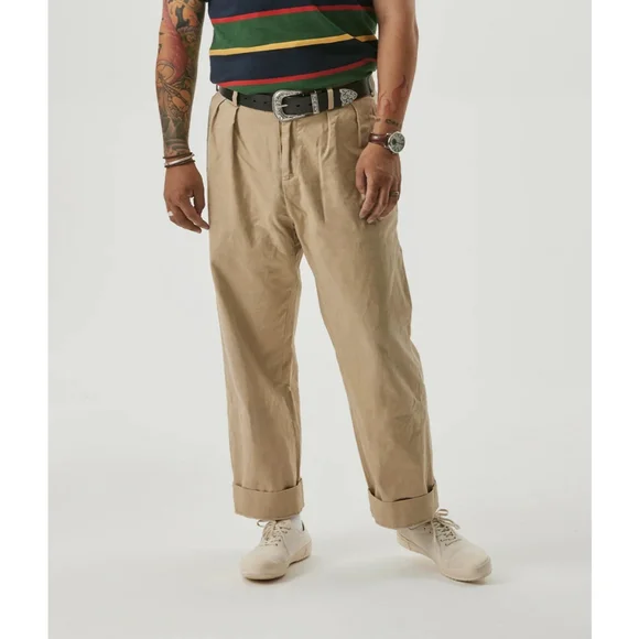 100% Cotton Non-Stock MFG 1930s IVY Style Double Pleated Chino Trousers Khaki L