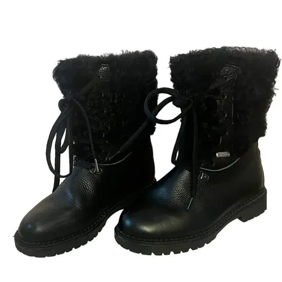 Oscar Sport •Women 37/US 6• Fur Boots Apres Ski Black Lace Up Winter Boots Italy