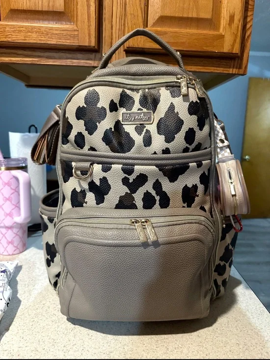 Itzy Ritzy Taupe Backpack with Black Leopard Print