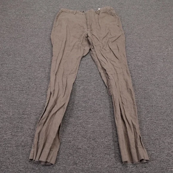 Zara Pants Mens 33x30 Brown Linen Slim Fit Chino Elastic Waist Summer Casual