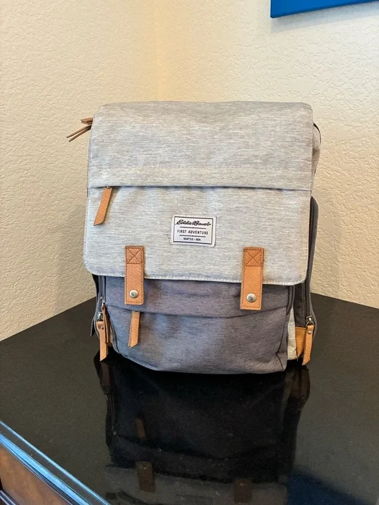 Eddie Bauer First Adventure Diaper Bag Backpack Gray/Tan Unisex Travel Bag