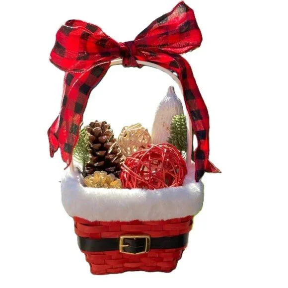 SANTA CLAUSE Holiday Basket with Fillers Orbs Big Red Checkered Bow 12 x 7 x 7