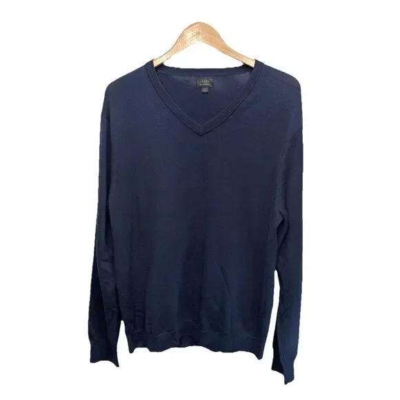 J. Crew Mens Large Merino Wool V-Neck Sweater Navy Blue Pullover Knit Preppy