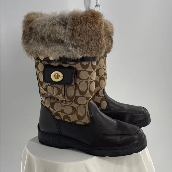 Coach Kimberly Vintage Genuine Rabbit Fur Trim Winter Boots with Coach Logo