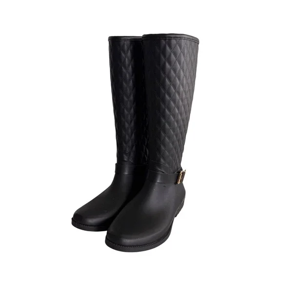 Guess GWJULUE Black Quilted Tall Rain Boots Matte Buckle Detail Womens 9