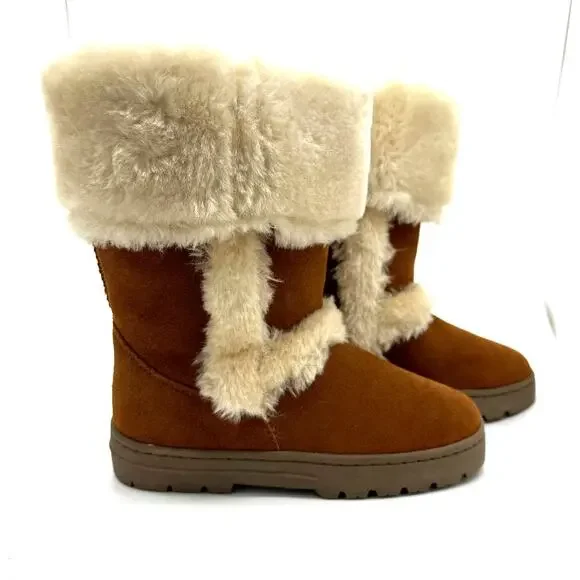 Style & Co Witty Boots NIB Women's Sz 6M Tan Chestnut Faux Fur Genuine Suede
