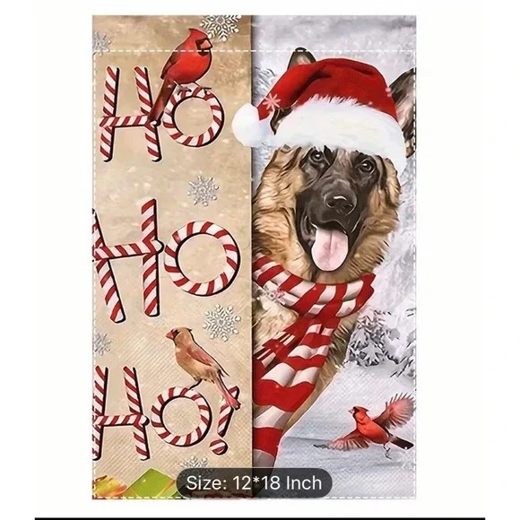 German Shepherd Christmas Garden Flag 12x18 Inch Santa Hat Scarf Ho Ho Ho