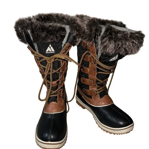 Mishansha Women Winter Snow Boots Fur Lined Lace Up Waterproof Black Tan Sz 6.5‎