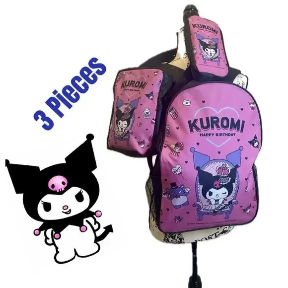 Sanrio Kuromi 3 Pieces  laptop backpack set crossbody bag/pencil bag kawaii Core