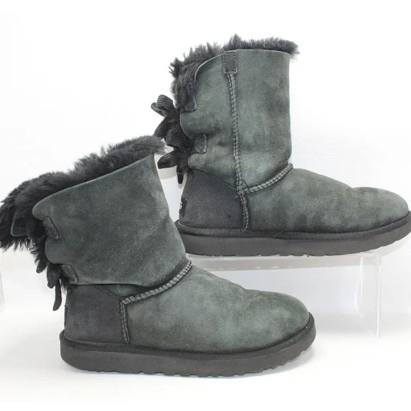 UGG Bailey Bow II Boots Grey‎ Suede Sheepskin Mid Calf 1094312 Womens 7