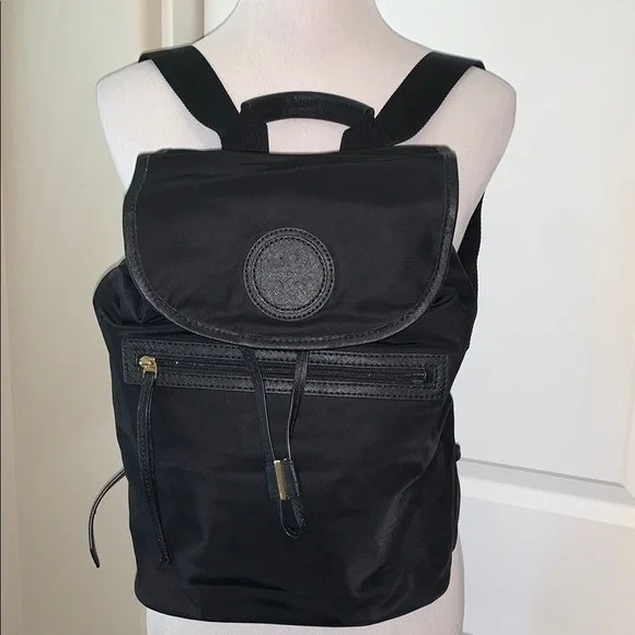 TORY BURCH GORGEOUS DRAWSTRING NYLON MAGNET CLOSE JET BLACK BACKPACK