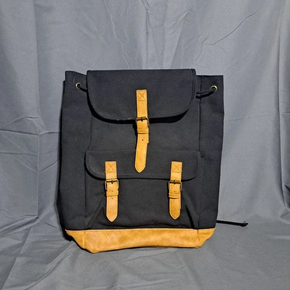 DSW‎ Black Canvas Backpack Faux Leather Trim Buckle Detail Pockets VGUC