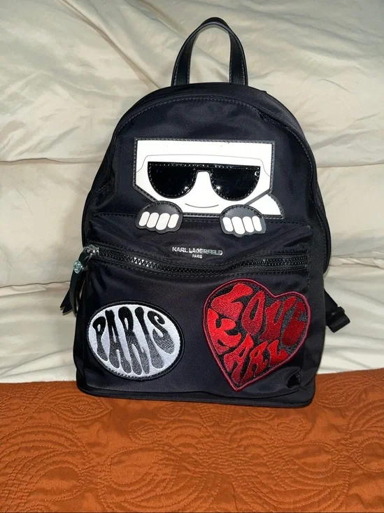 Karl Lagerfeld Black Backpack with Red Love Patch PARIS
