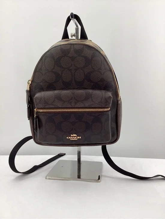 Coach Charlie Dark Mini Backpack Brown Signature Coated Canvaswith Gold Hardware
