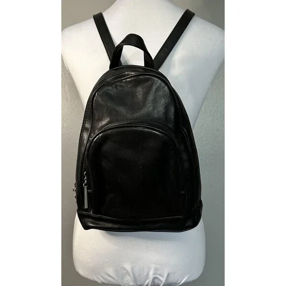 Unbranded Womens Black Leather Backpack Two Pocket Purse Adjustable Straps GUC