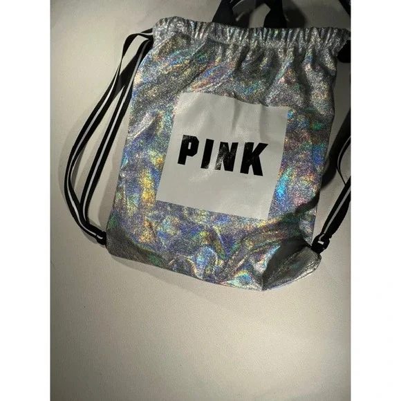 PINK Drawstring Backpack Womens OS Silver Holographic Excellent Iridescent Logo