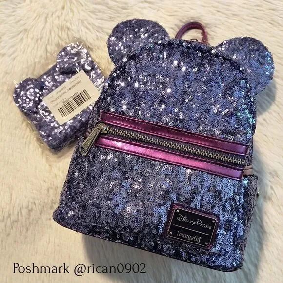 Loungefly Disney Parks Mickey Mouse Purple Potion Sequin Mini Backpack & Wallet